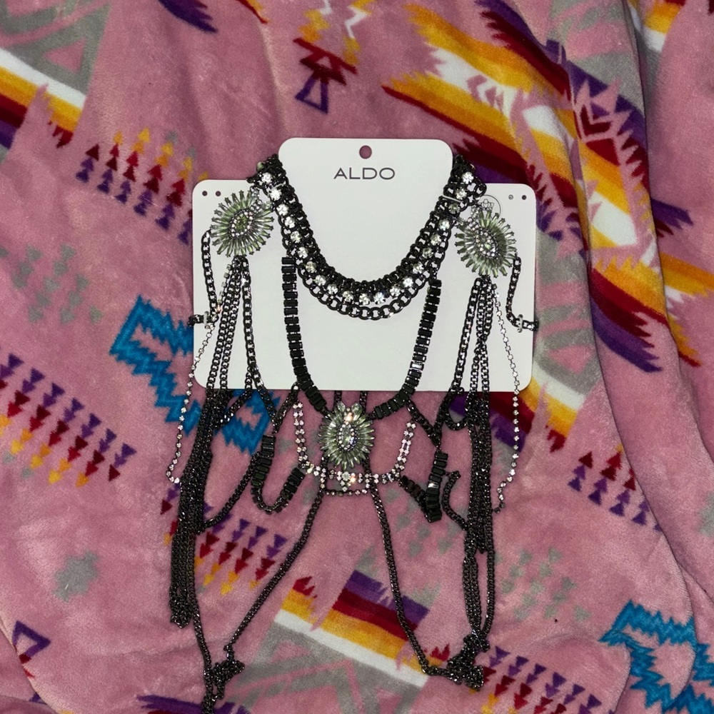 Aldo Body Jewelry Chains Shoulder Black Silver Layered Necklace Rhinestone